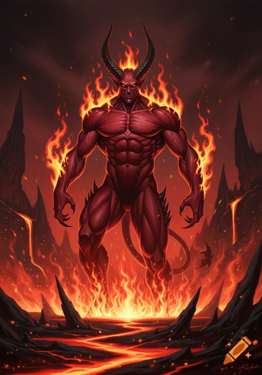 A muscular red devil with horns and glowing eyes, engulfed in flames, stands in a fiery, lava-filled hellscape.