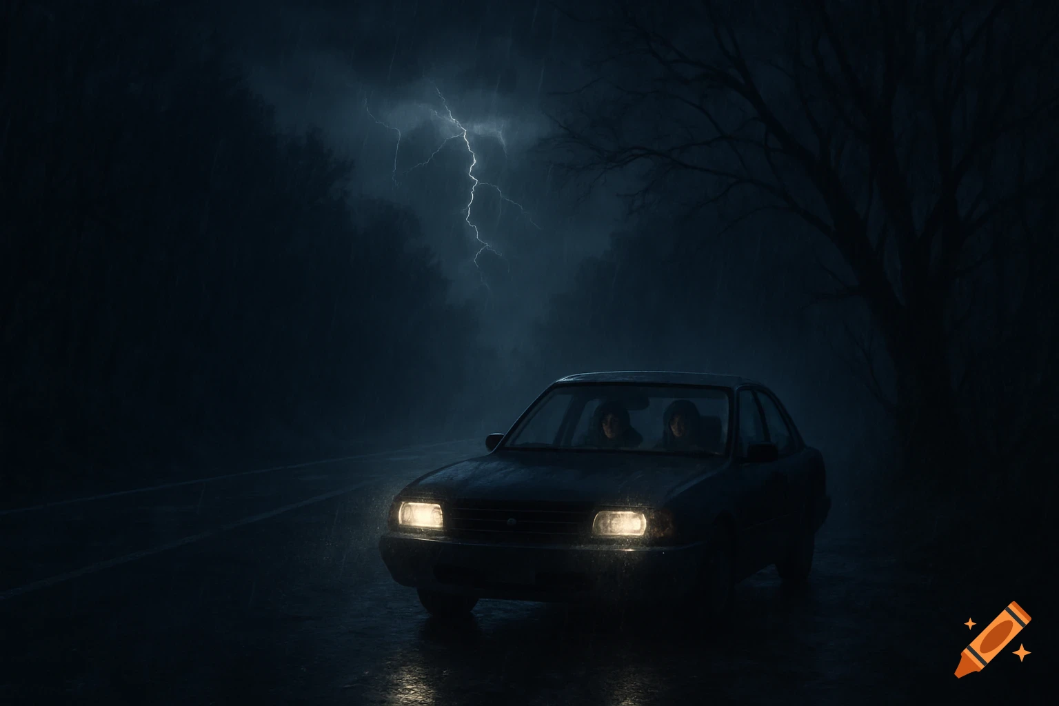 A dark car drives on a wet road at night during a severe lightning storm, with two people inside.