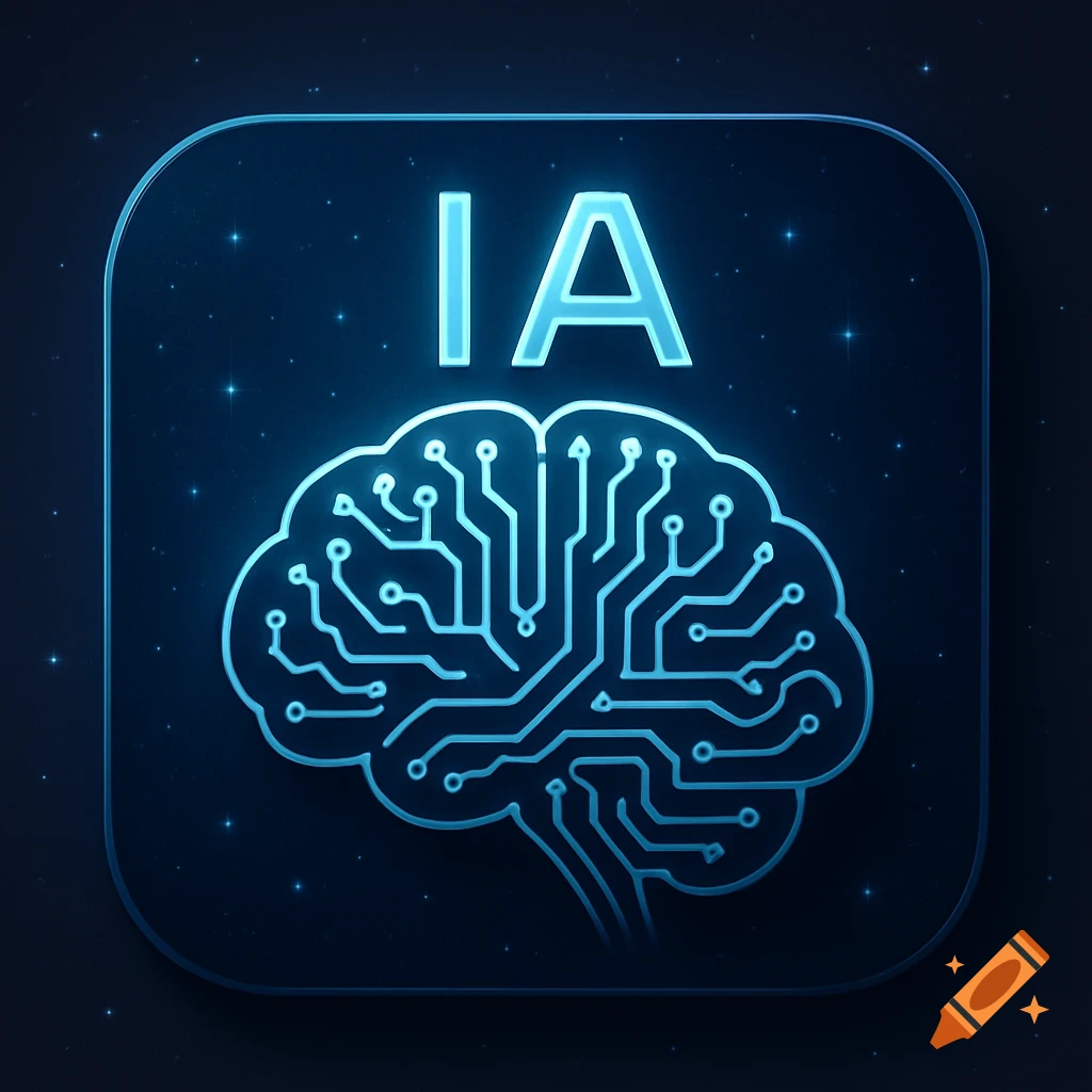A dark blue square app icon with a glowing light blue circuit board brain and the letters "IA" above it, set against a starry background.