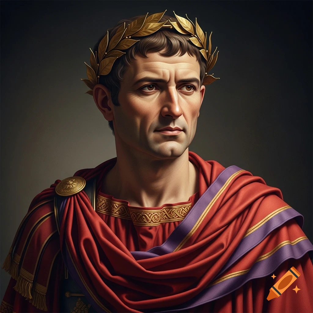 A hyperrealistic portrait of a Roman emperor wearing a golden laurel wreath and a red and purple toga.