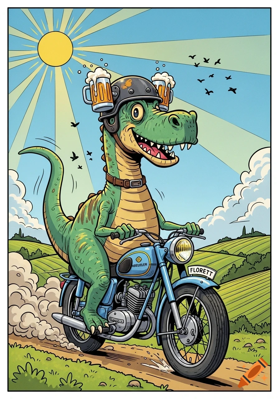 A cartoon dinosaur with a beer helmet rides a blue motorcycle on a dirt road through green hills under a sunny sky.
