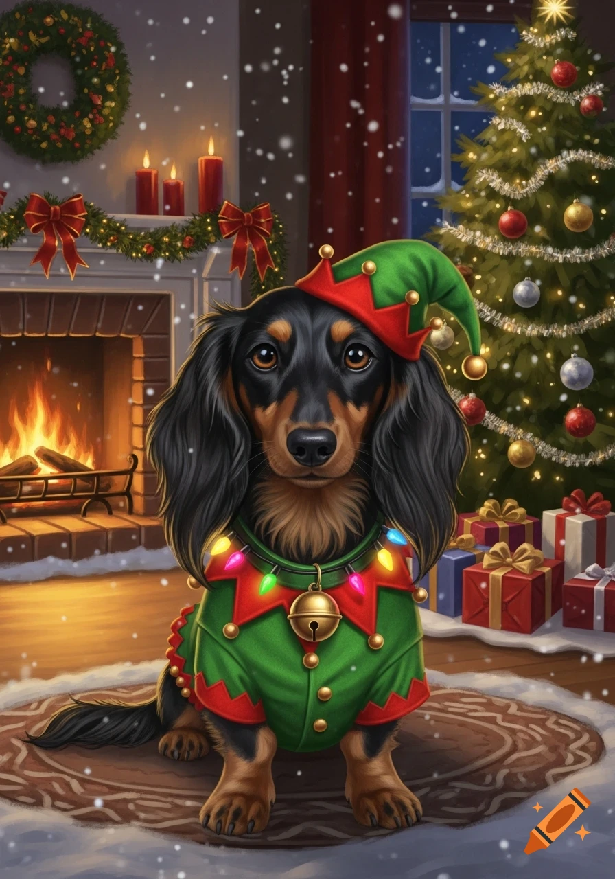 A long-haired black and brown dachshund in a festive elf costume with lights and a bell sits by a fireplace and Christmas tree.