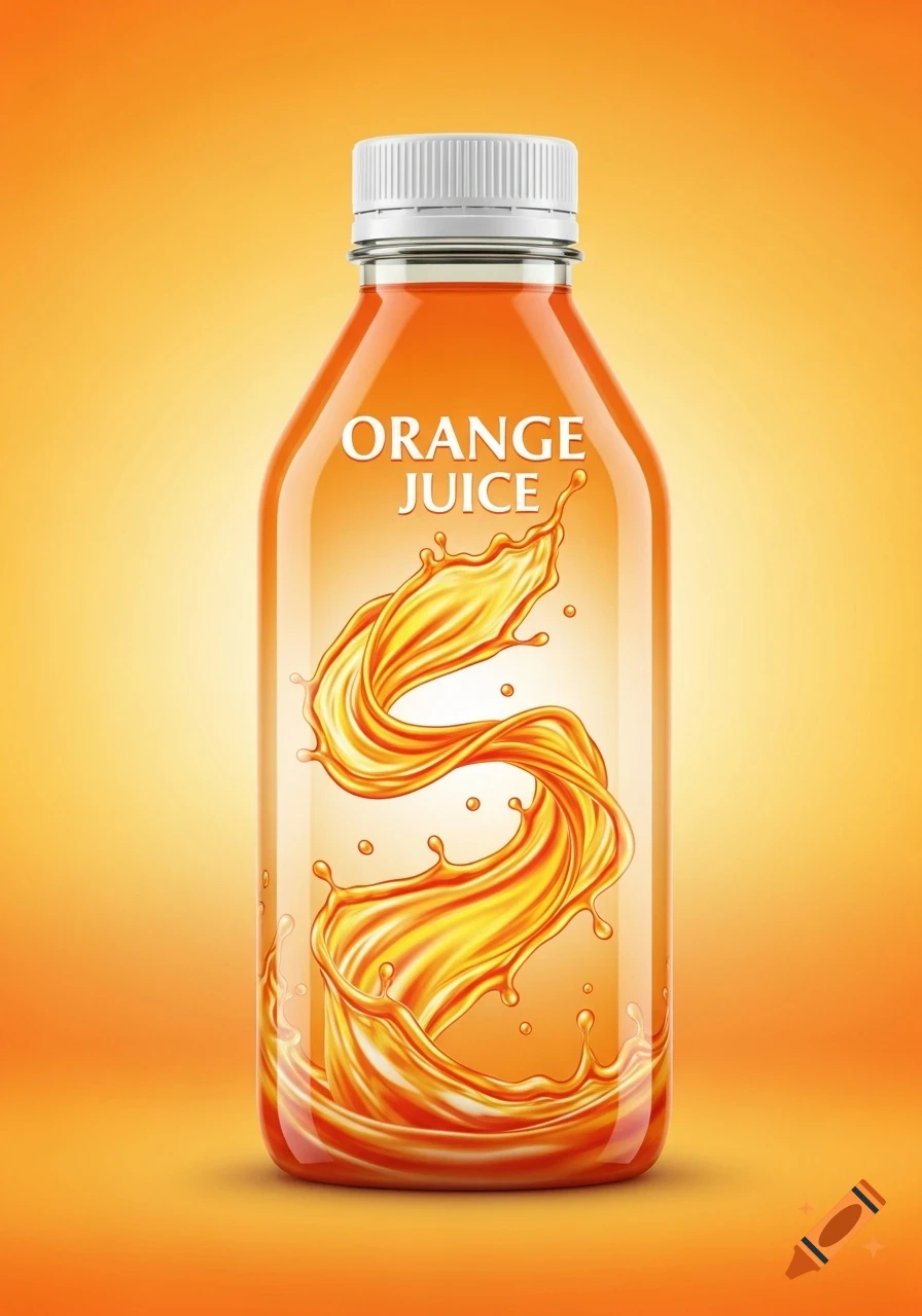 A photorealistic bottle of orange juice with a vibrant splash and swirl design on its label, set against a bright orange background.