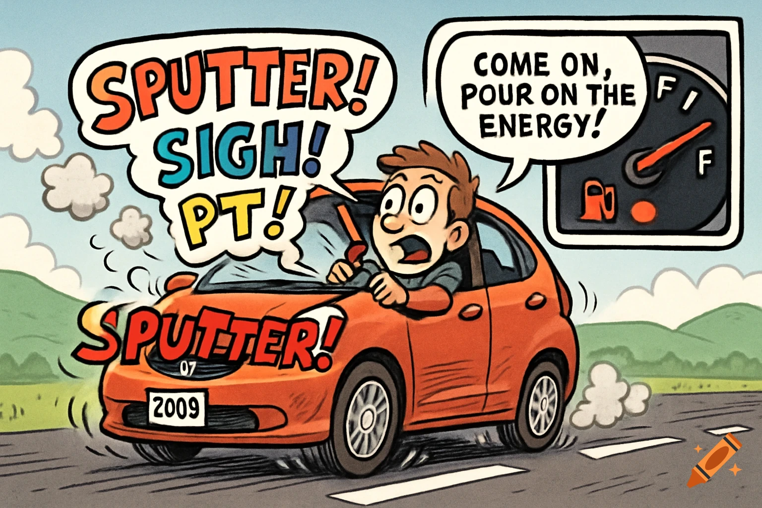 A cartoon man in an orange car, with speech bubbles showing "SPUTTER! SIGH! PT!" and "COME ON, POUR ON THE ENERGY!" as the fuel gauge is empty.