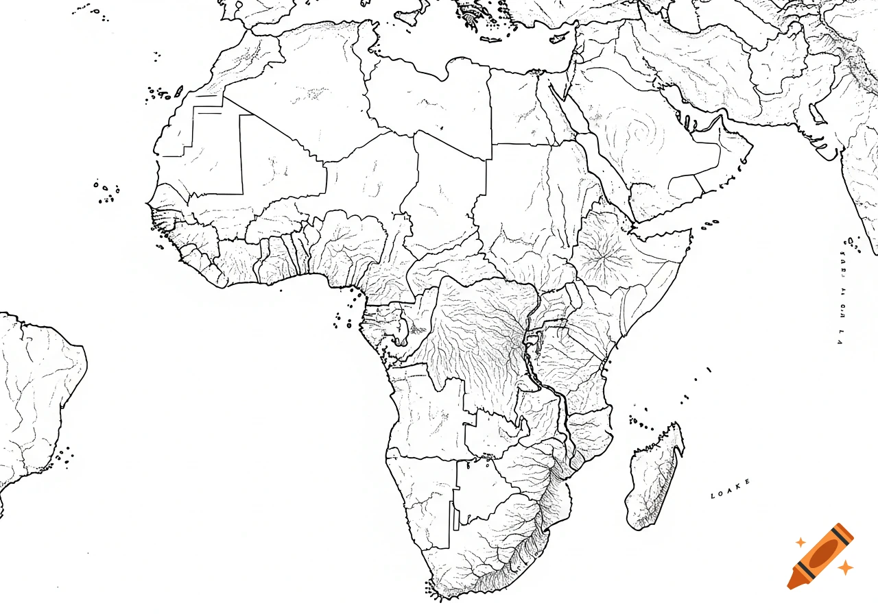 A black and white line drawing map showing the continent of Africa with its major rivers and mountain ranges.