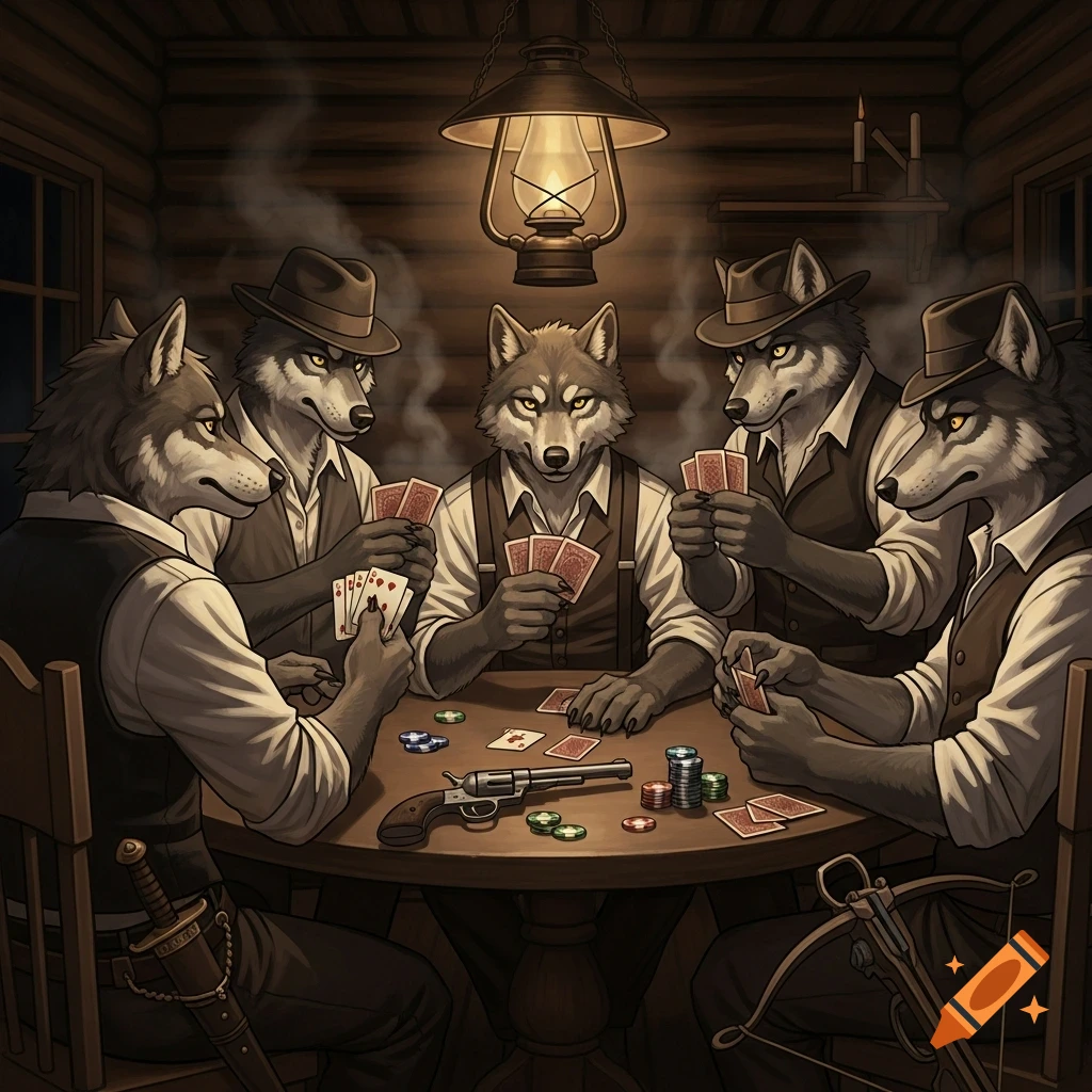Five anthropomorphic wolves in vests and hats play poker around a table with a revolver, poker chips, and weapons in a rustic, dimly lit cabin.