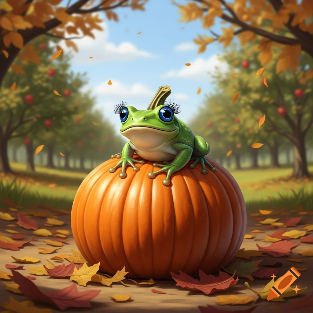 A cute cartoon green frog with long eyelashes and blue eyes sits on a large orange pumpkin amidst fallen autumn leaves in an orchard.