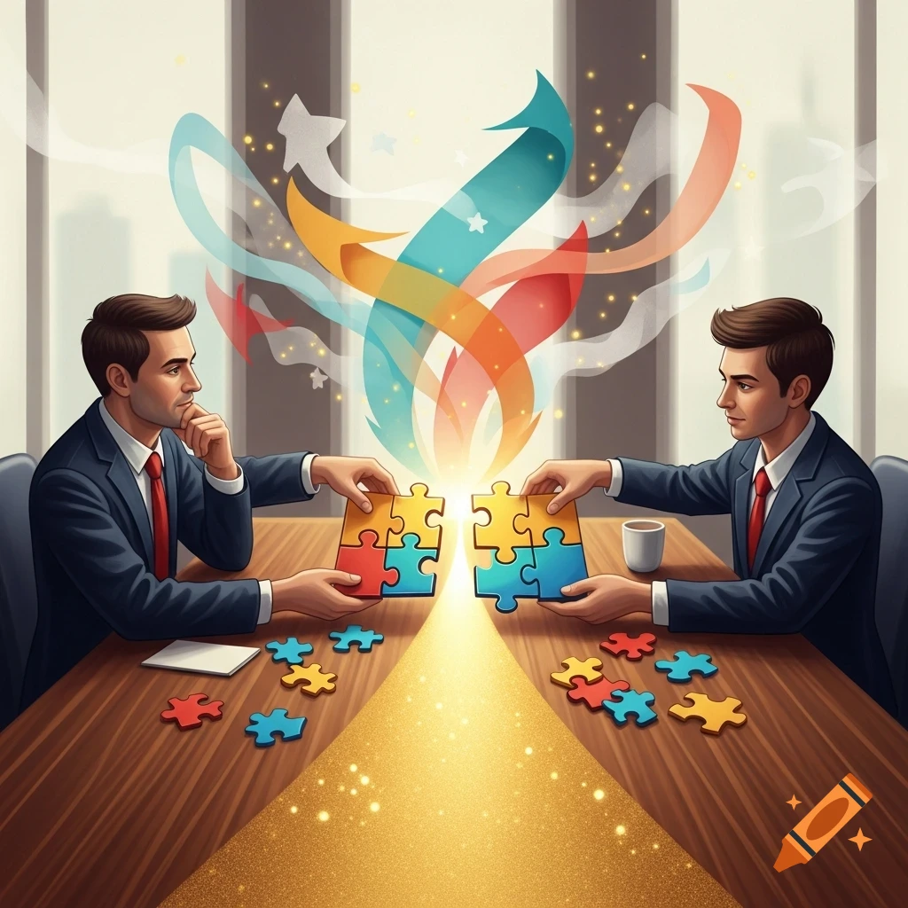 Two businessmen connect colorful puzzle pieces on a glowing table, with abstract ribbons and stars, representing collaboration in a stylized illustration.