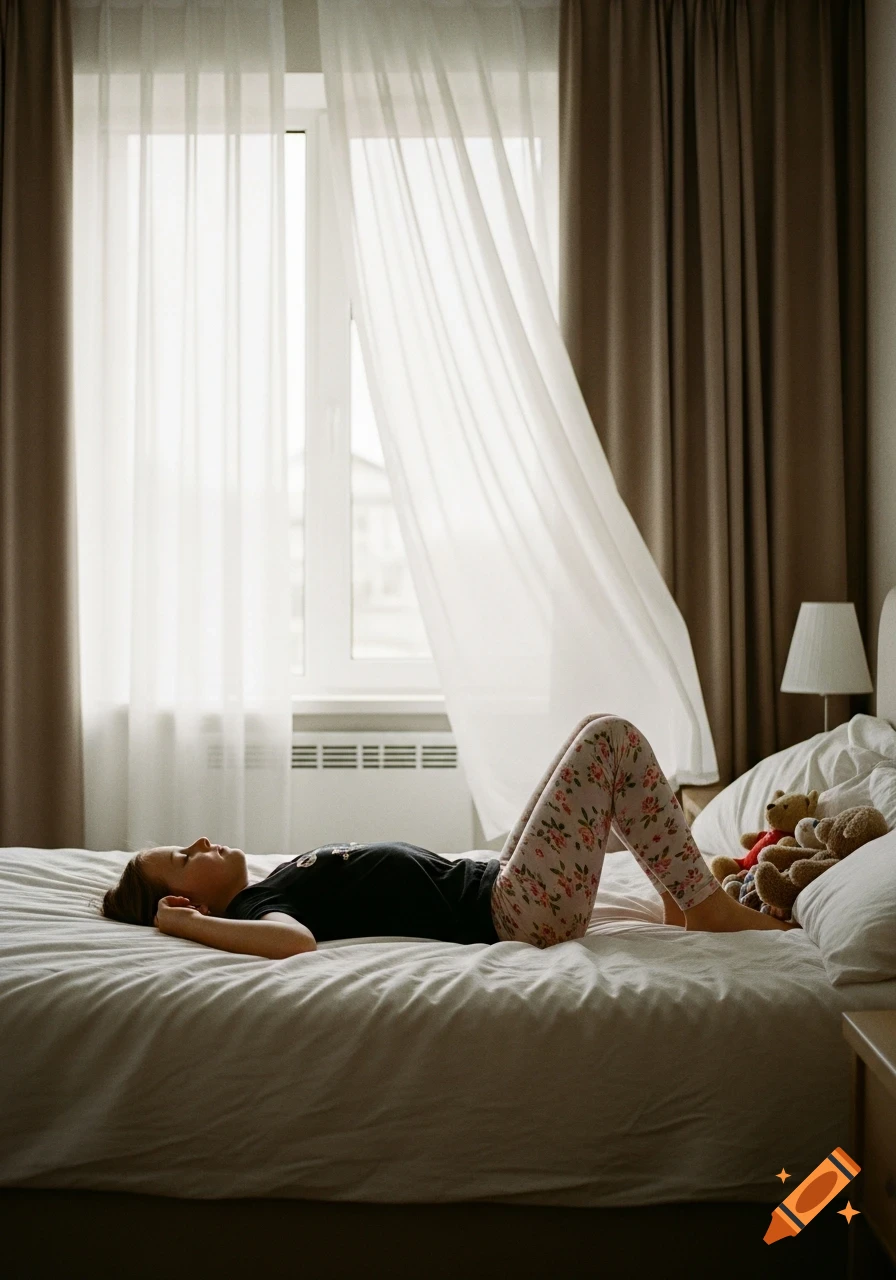 A person in a black t-shirt and floral leggings lies on a bed, with sheer white curtains blowing from a window.