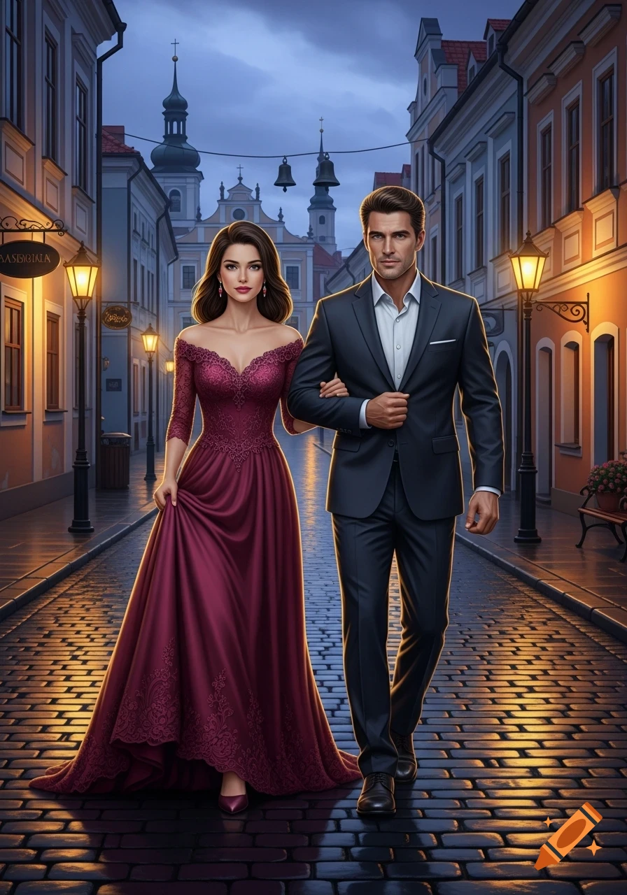 A man in a dark suit and a woman in a long maroon gown walk arm-in-arm on a cobbled street at dusk, lit by streetlights.
