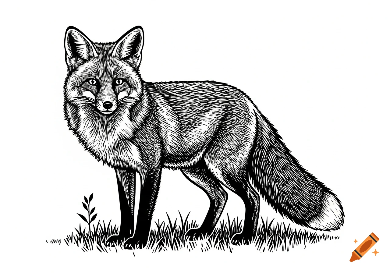 A black and white linocut style illustration of a fox standing in grass, looking forward.