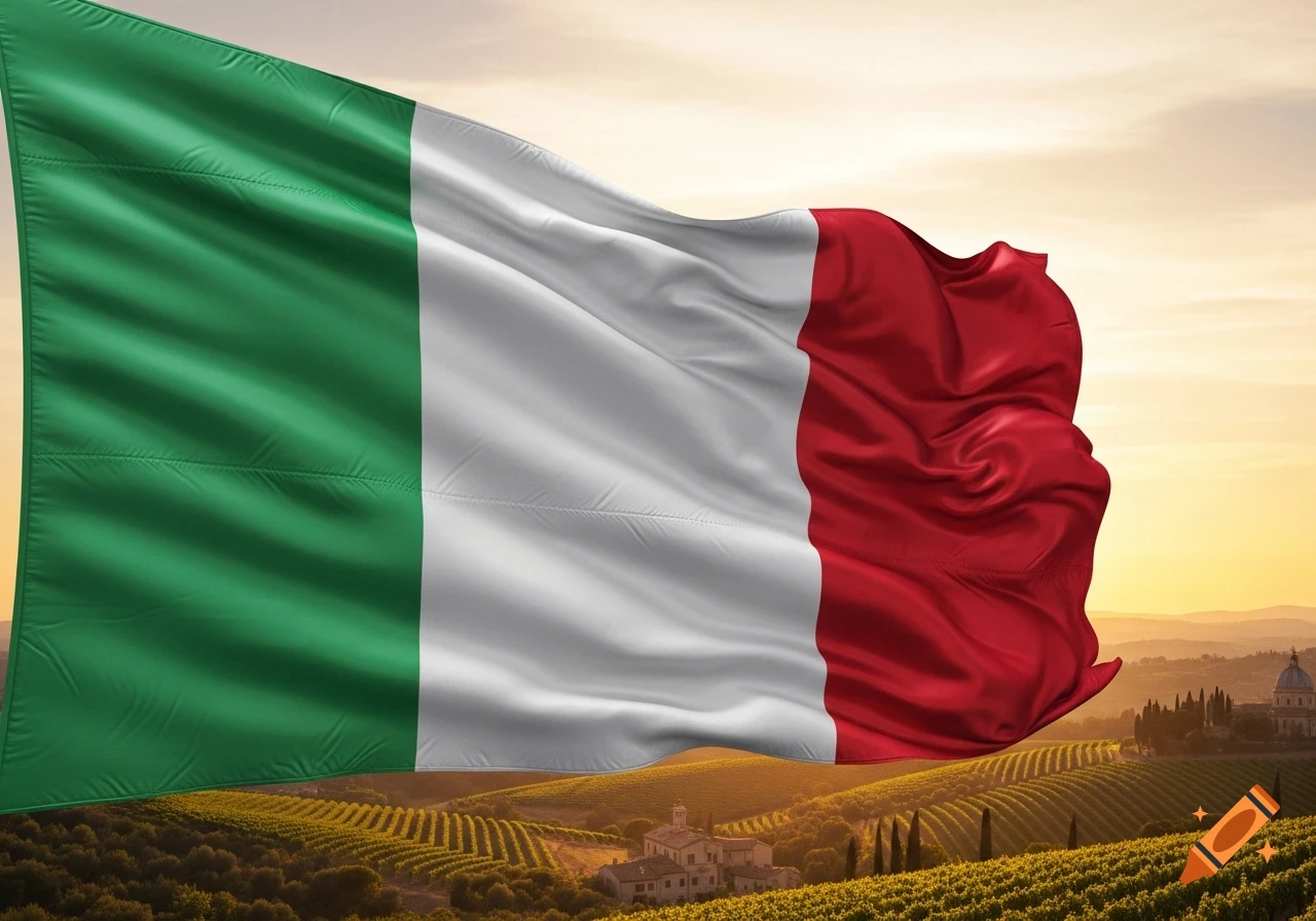 Italian flag waving over rolling Tuscan vineyards and buildings during a sunset.