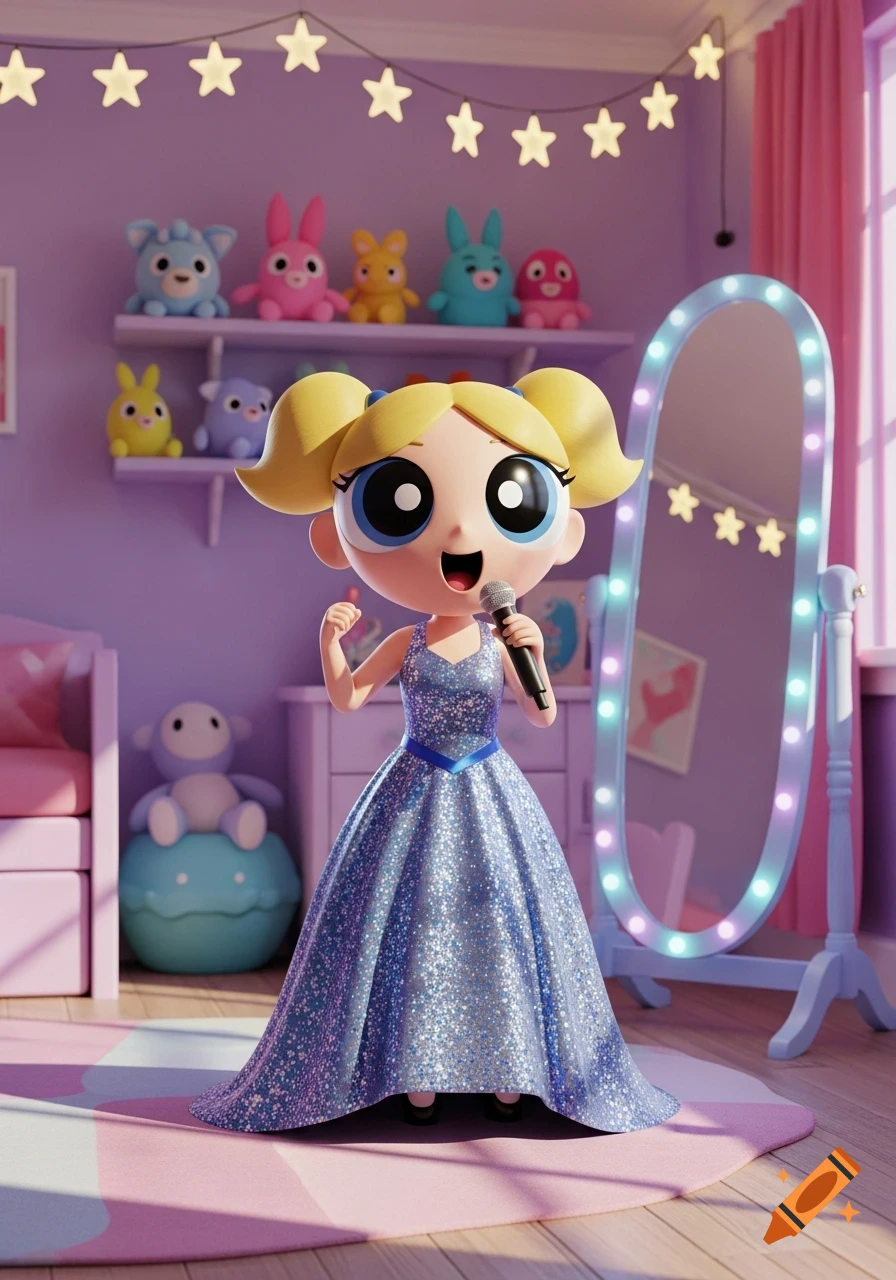 A 3D rendered Bubbles from Powerpuff Girls in a sparkly blue prom gown sings into a microphone in a pink and purple bedroom.