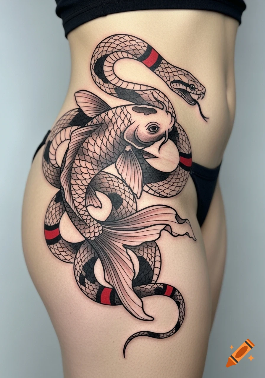 A fineline tattoo of a koi fish and a snake with black and red ink on a person's hip and thigh.