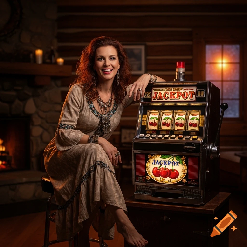 A smiling woman in a gypsy dress poses with a slot machine inside a cozy rustic log cabin, photorealistic.