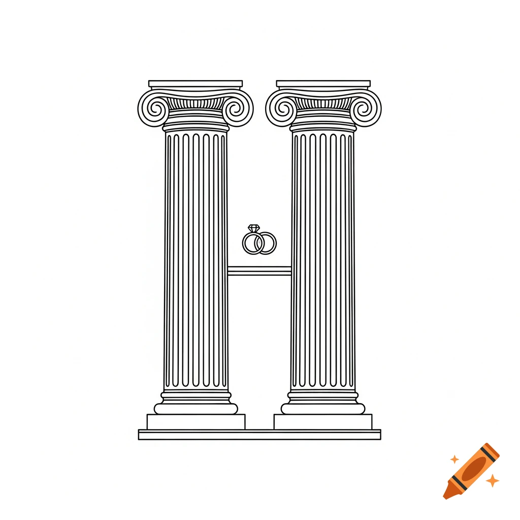 Black and white line drawing of two classical fluted pillars connected by a horizontal beam, with two intertwined wedding rings between them.