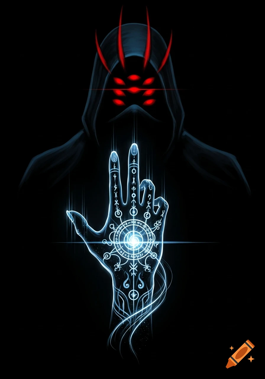 A shadowy, hooded figure with eight glowing red eyes and red horns, holding a glowing blue hand adorned with mystical symbols against a black background.