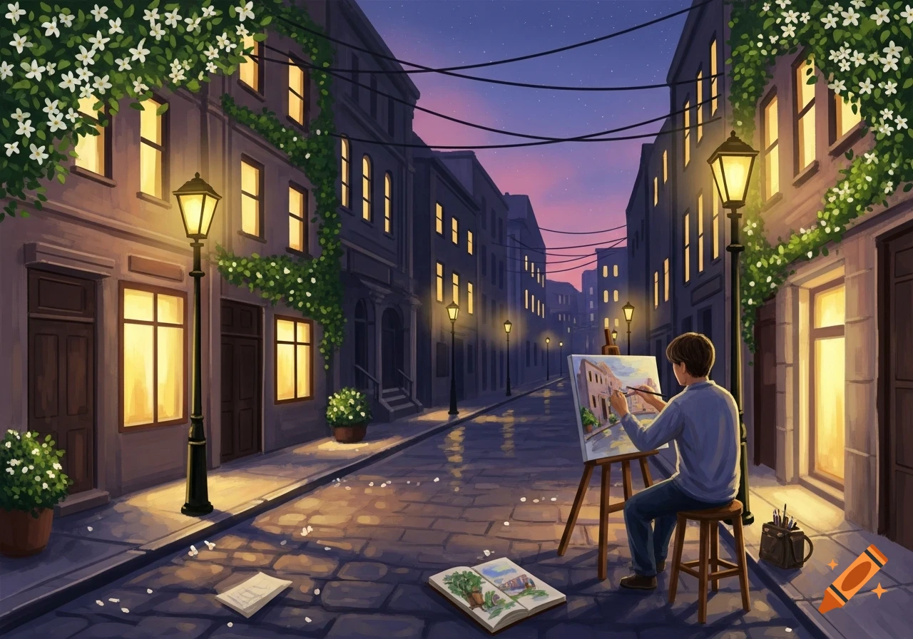 An illustration of an artist painting a city street scene at dusk, lit by glowing streetlights and decorated with white flowers.