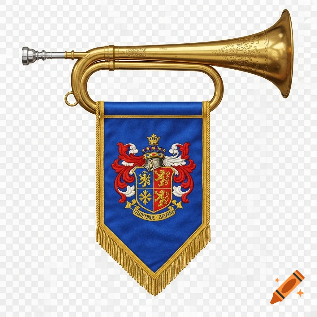 A golden bugle with a blue and red heraldic pennant featuring a crest and gibberish text, on a transparent background.