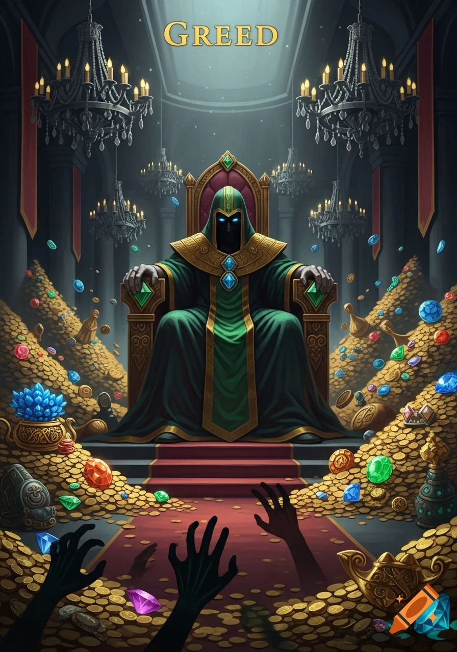 A robed figure with glowing eyes on a throne, surrounded by vast piles of gold and jewels with shadowy hands reaching out. Text 'GREED' above.