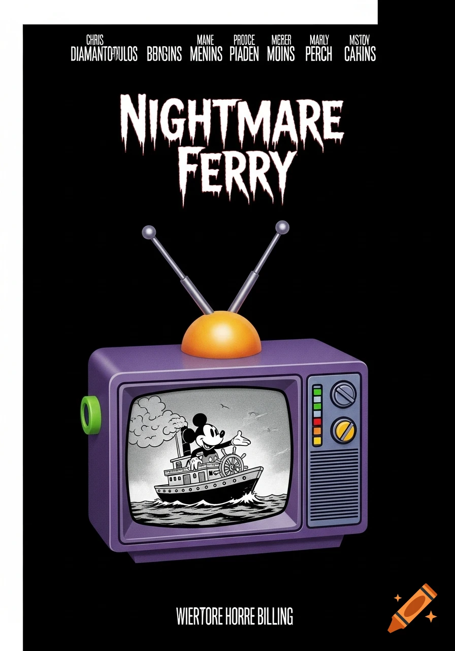 A movie poster with a purple 80s TV showing Mickey Mouse on a steamboat, with the title 'NIGHTMARE FERRY' above.