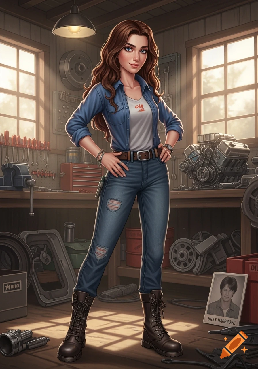 Stylized illustration of a confident young woman mechanic with long brown hair, blue eyes, in a denim shirt, ripped jeans, and combat boots, standing in a workshop.