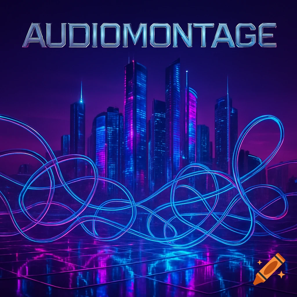 A vibrant cyberpunk cityscape at night, featuring glowing blue and pink neon lights, tangled light trails, and the text "AUDIOMONTAGE" above.