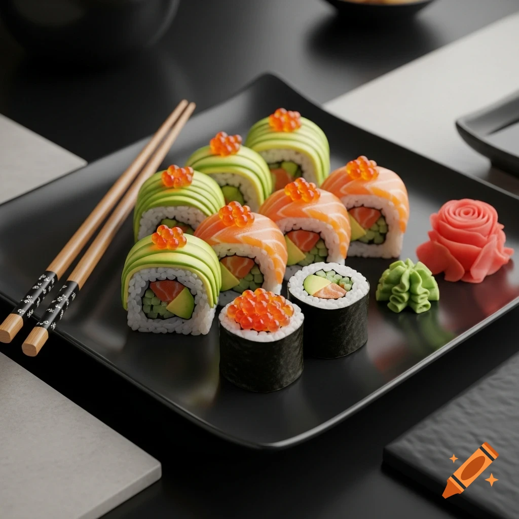 Photorealistic plate of sushi with salmon, avocado, and roe rolls, chopsticks, pink ginger, and green wasabi.