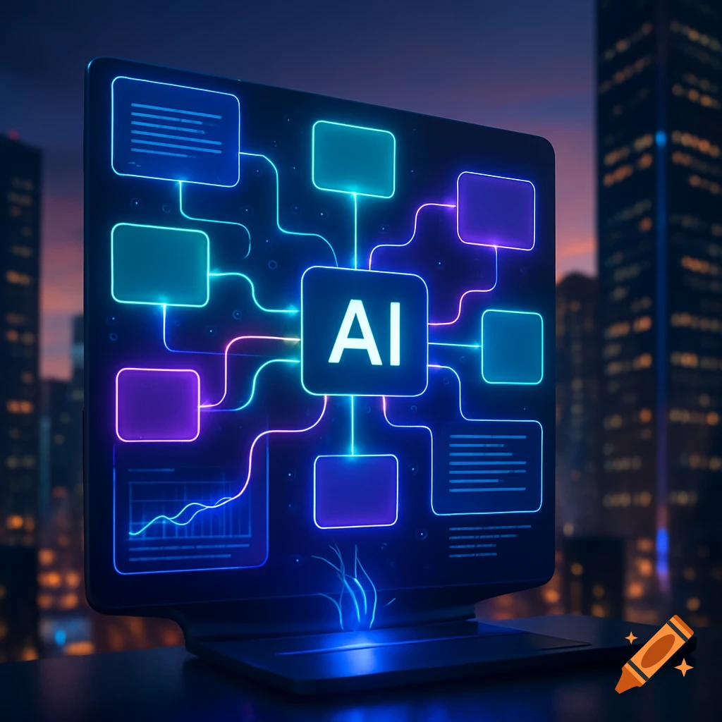 A glowing computer screen displays a neon AI network diagram against a blurred city skyline.