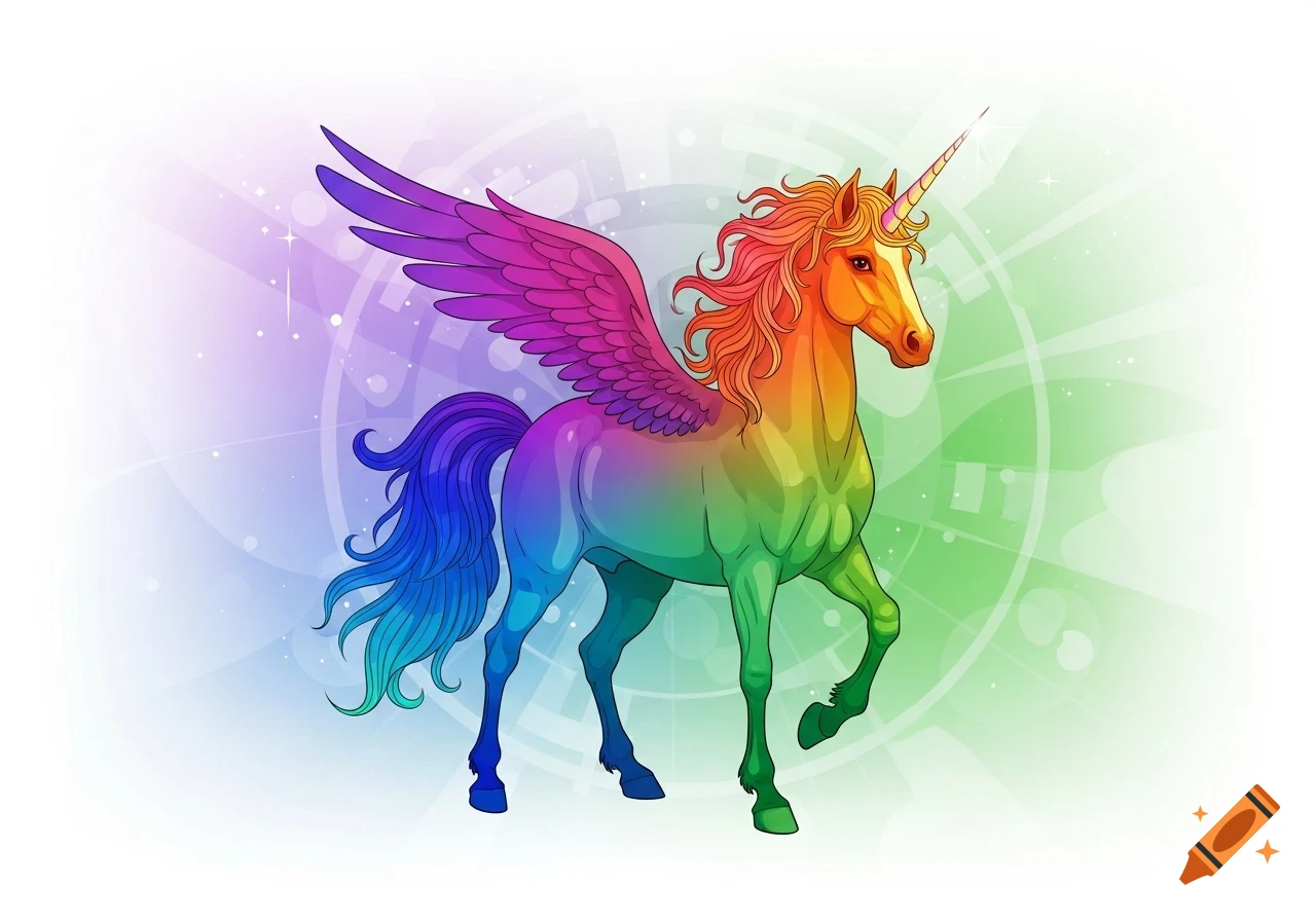 A brightly colored rainbow unicorn with wings, in a vector art style, standing against a magical gradient background.