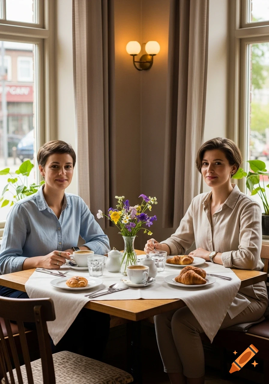 Two women with short hair enjoy breakfast with coffee and croissants at a cafe table adorned with flowers, looking at the camera.