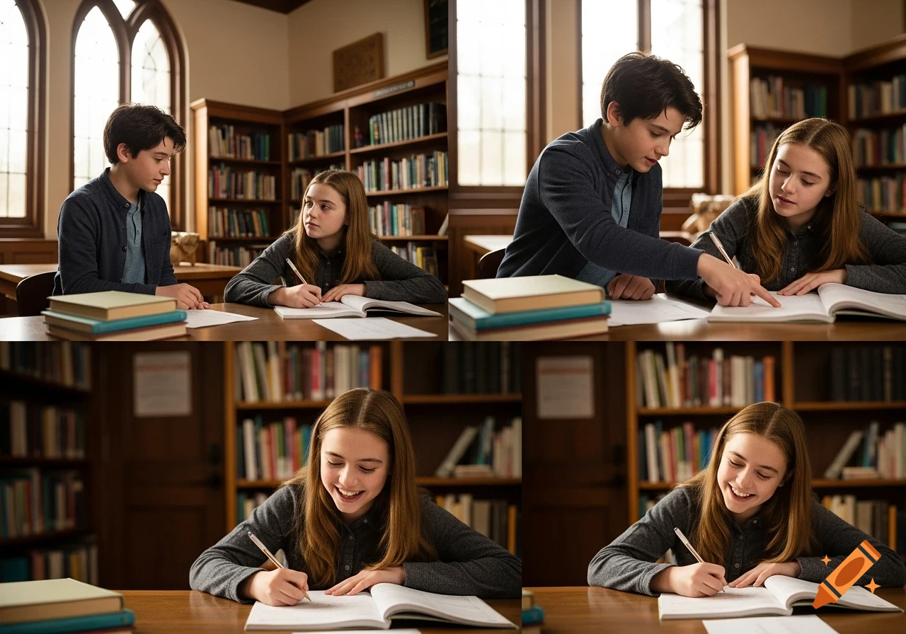 Photorealistic 4-panel sequence of a boy helping a girl study in a library, showing their interaction and her smiling.