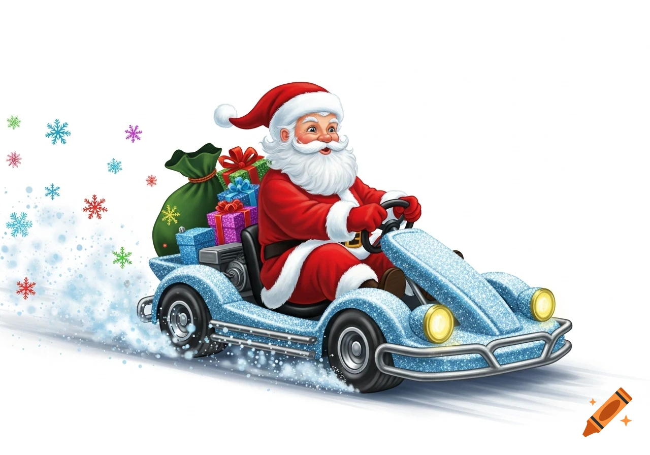 Santa Claus driving a blue glittery go-kart filled with presents, kicking up snow and colorful snowflakes on a white background, in a whimsical illustration style.