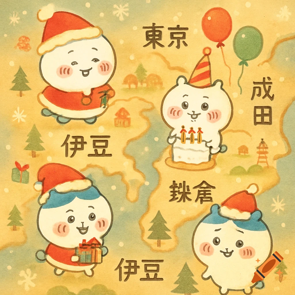 Cute cartoon characters dressed for Christmas and a birthday celebration are depicted on a softly colored map with Japanese text, in a hand-drawn style.