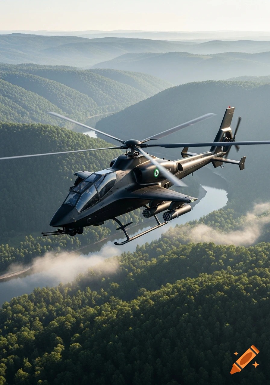 A dark stealth attack helicopter flying over a winding river through lush green mountain forests, photorealistic.