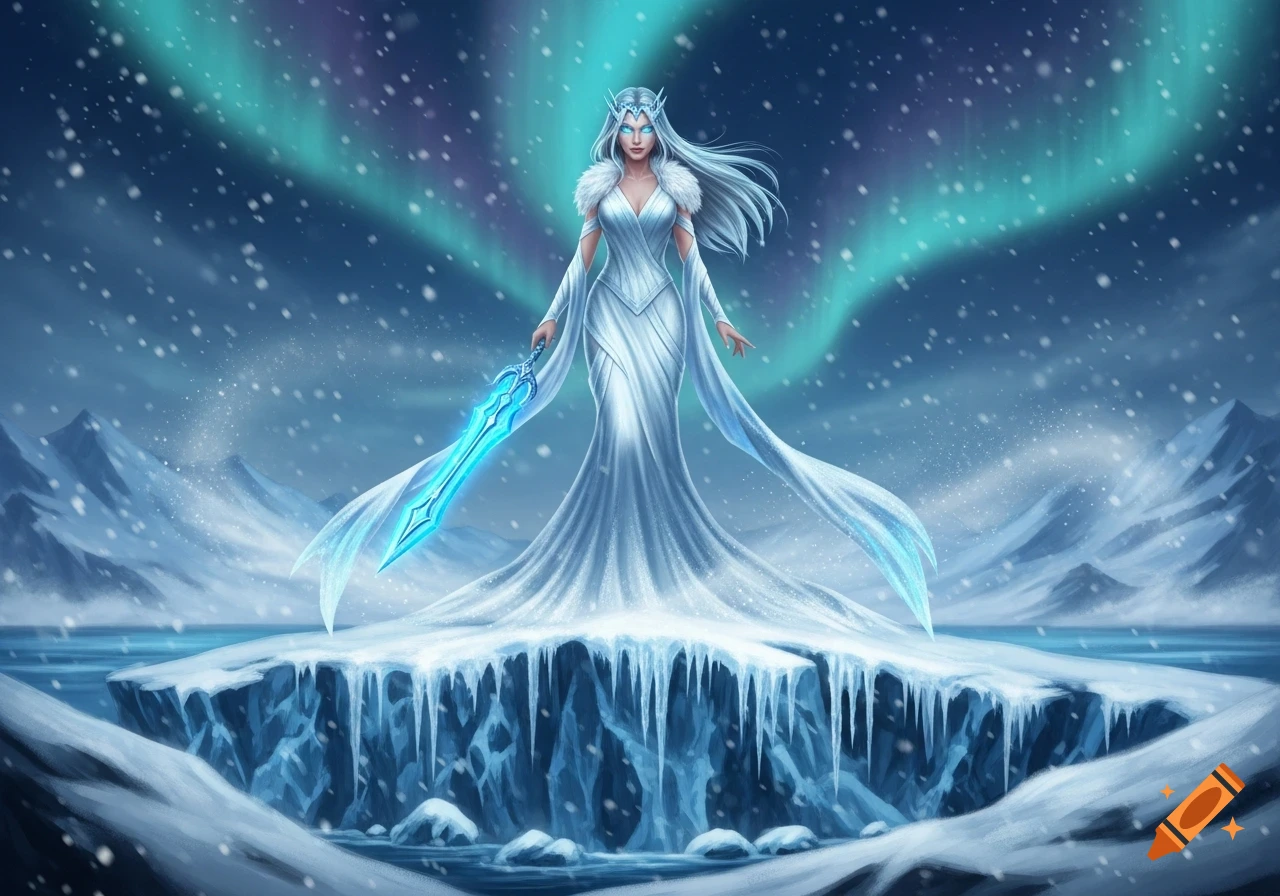 A majestic ice goddess in a white flowing gown holds a glowing blue ...