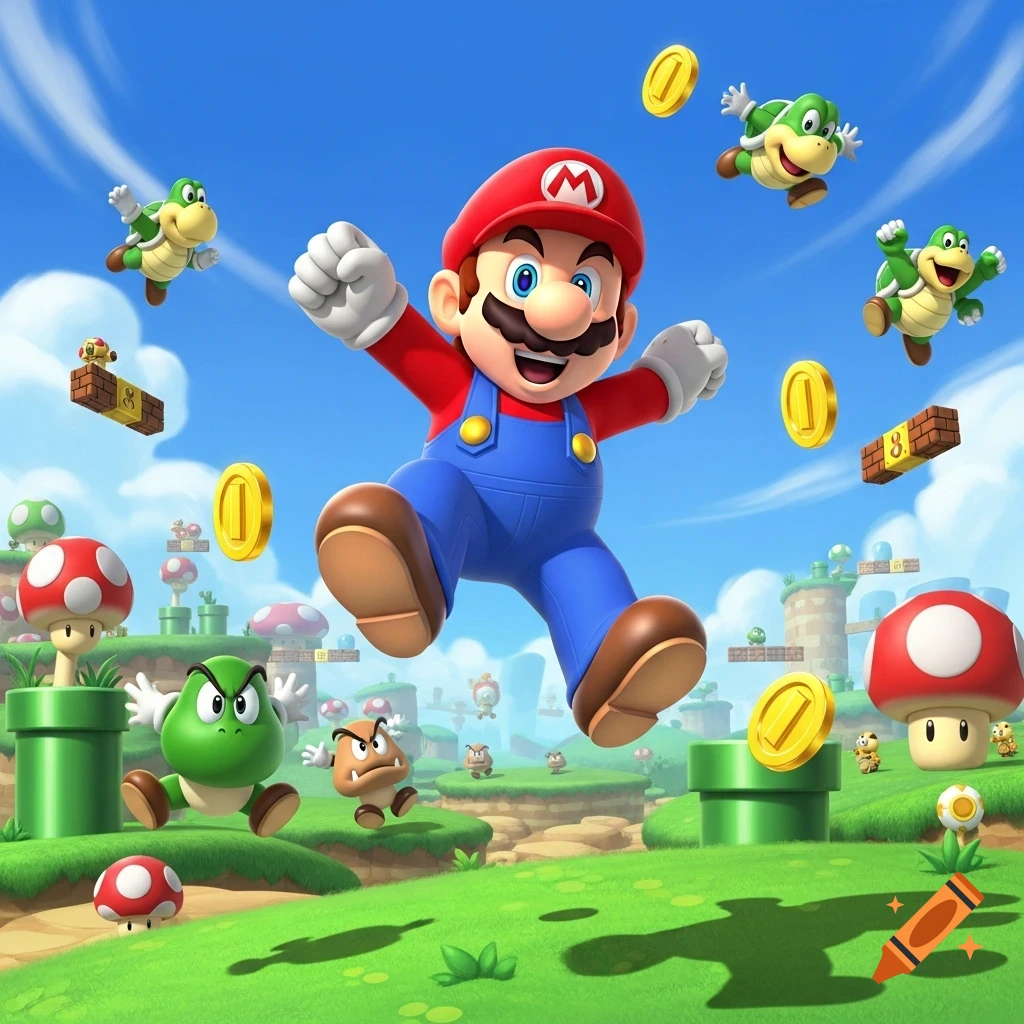Mario jumps excitedly amidst gold coins, flying Koopas, Goombas, and red mushrooms in a vibrant Super Mario world.