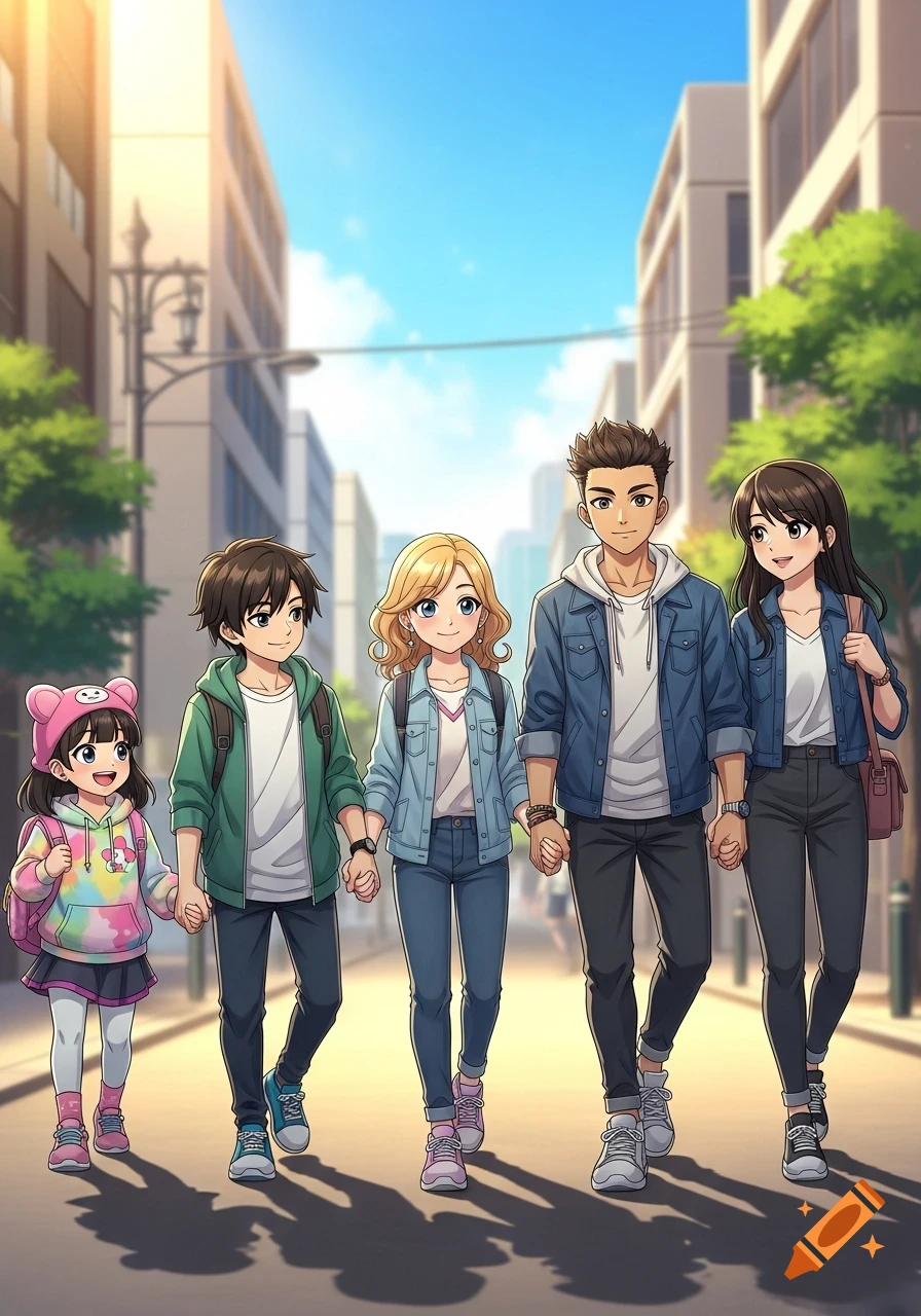 Five anime-style young people holding hands and walking together down a sunny city street.