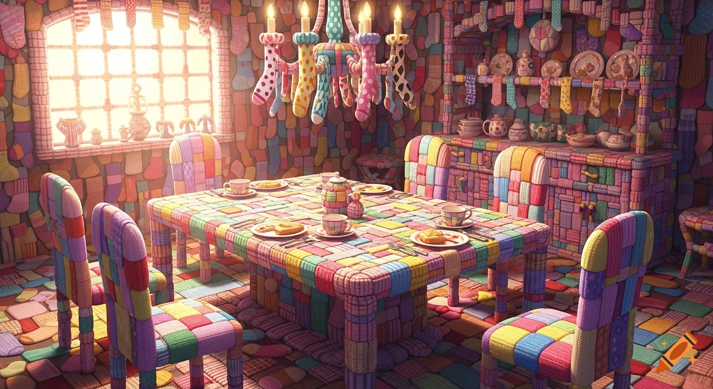 A vibrant, anime-style dining room made entirely of colorful patchwork socks, set up for a meal with plates and cups.