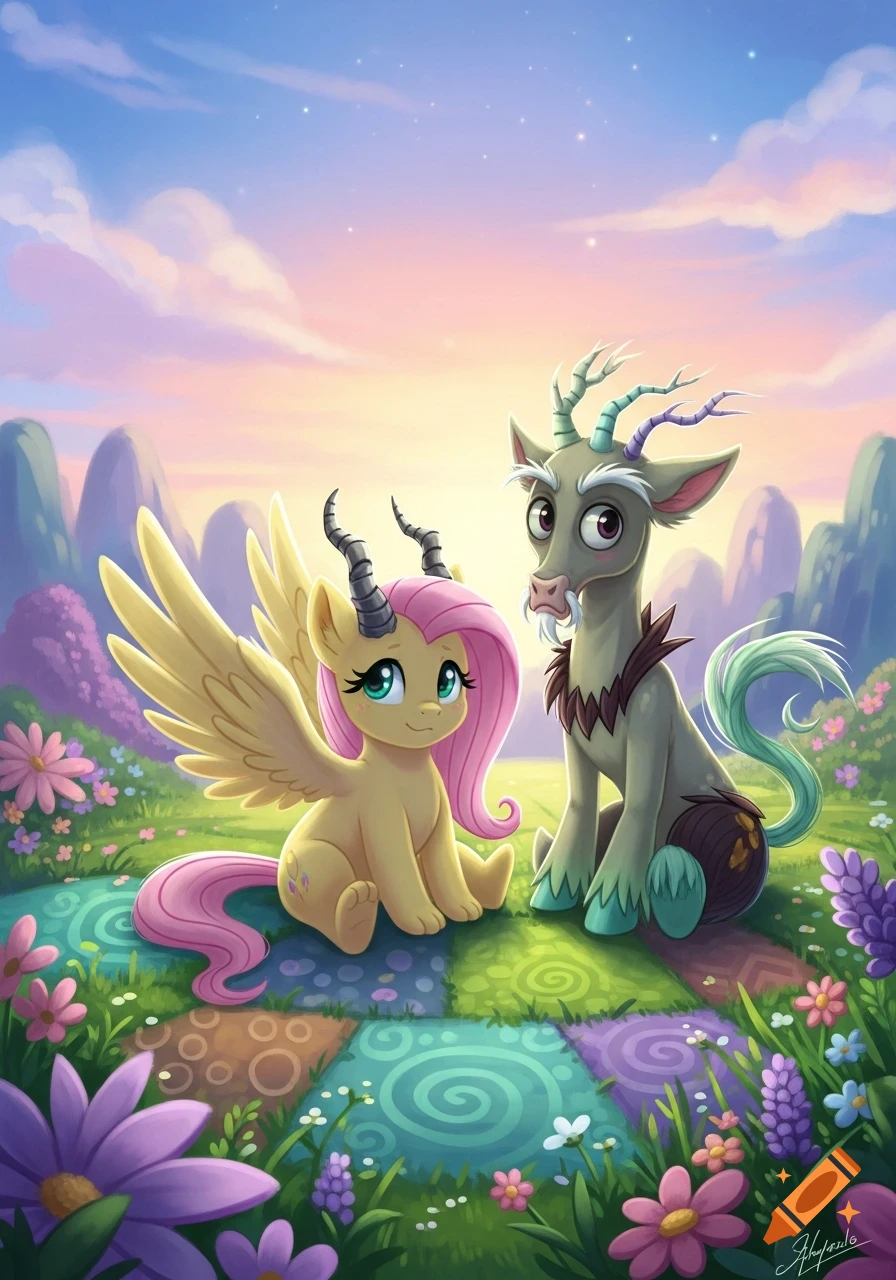 Cartoon illustration of a horned, winged yellow pony and a gray goat-like creature sitting in a whimsical, colorful meadow at sunset.