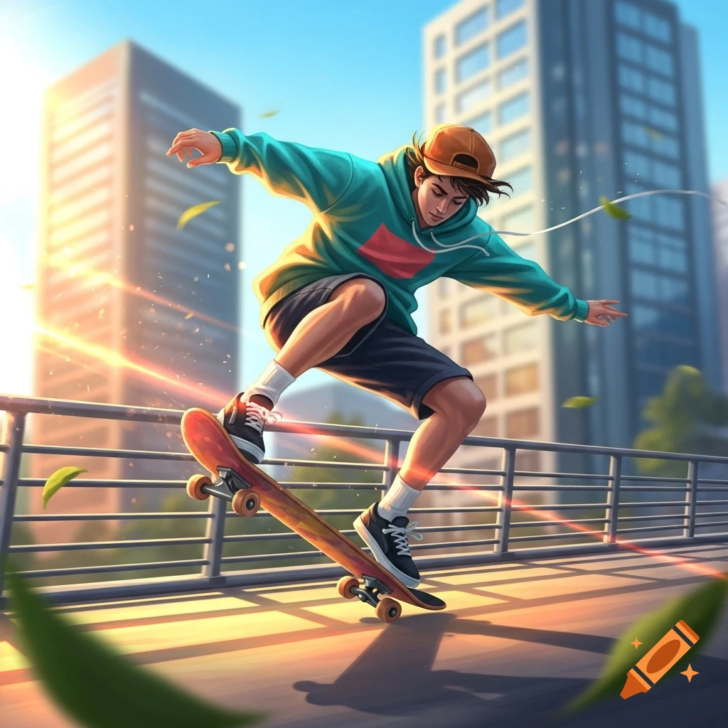 An illustration of a male skater in a teal hoodie doing a trick on a skateboard mid-air, with urban buildings and a sunset.