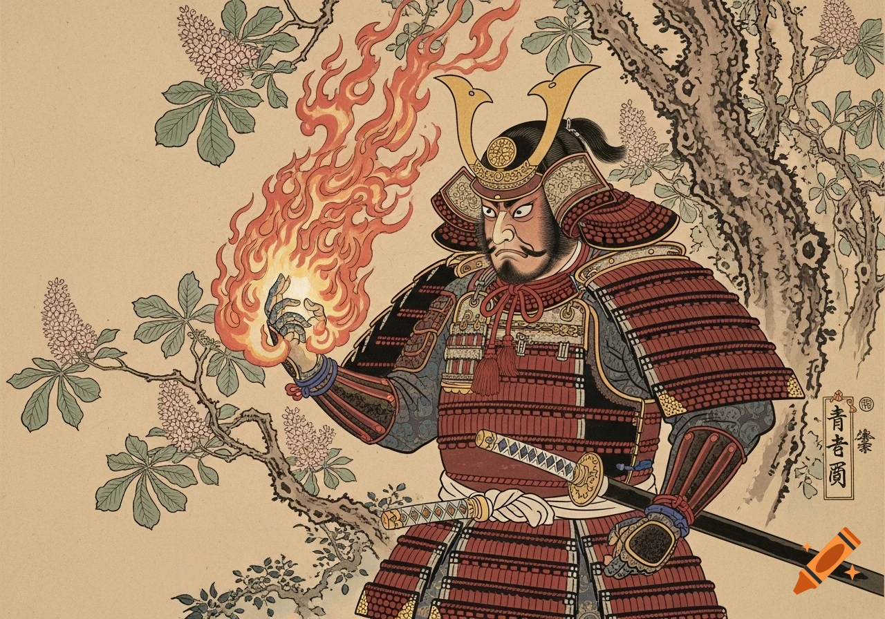 Traditional Japanese Ukiyo-e art of a samurai warrior with a flaming fist among chestnut trees.