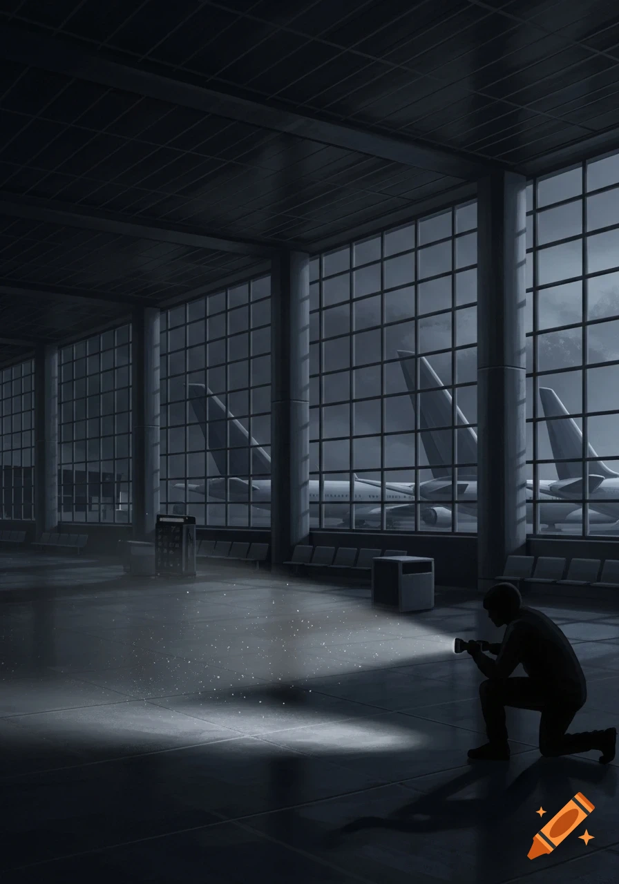 Illustrative image of a person in silhouette kneeling in a dark airport terminal, shining a flashlight on the floor, with airplanes visible through large windows.