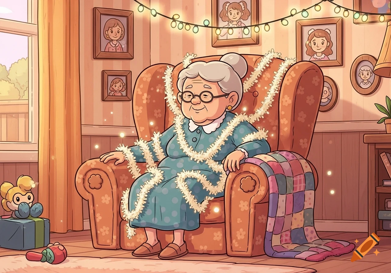 Cartoon grandma sitting in an armchair draped with tinsel, in a cozy living room with festive lights and framed photos.