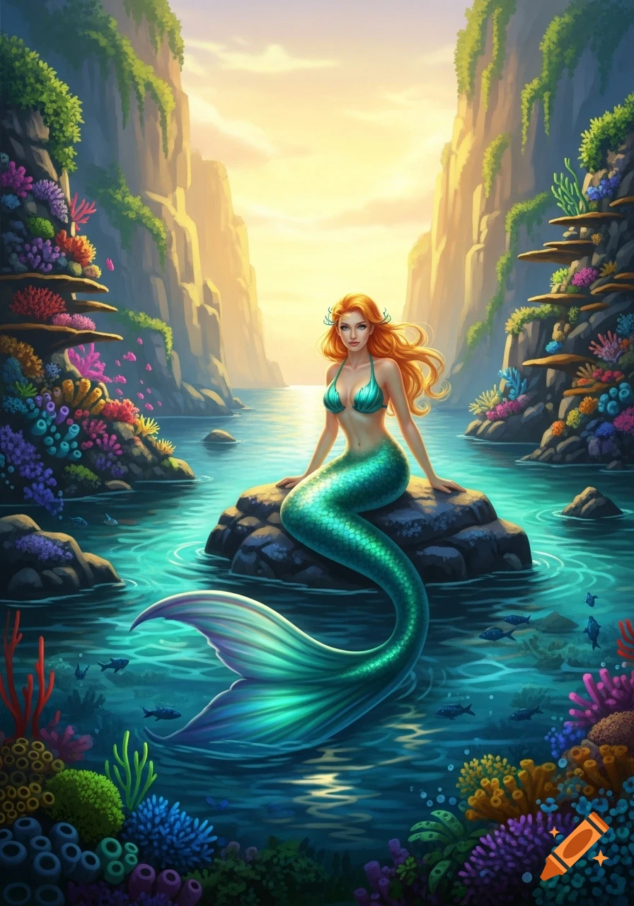 Vibrant illustration of a red-haired mermaid in a green top and tail sitting on a rock in a calm cove with colorful coral and cliffs at sunset.