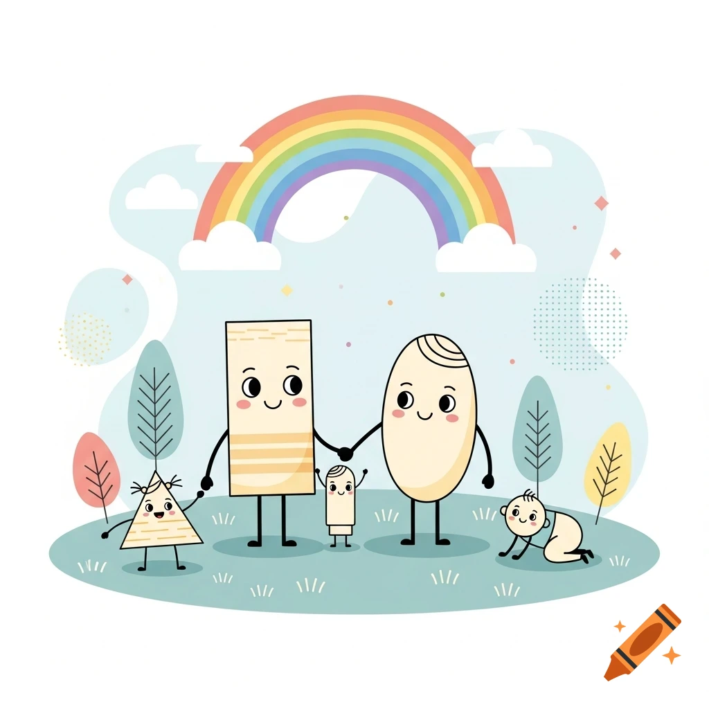Whimsical cartoon illustration of an anthropomorphic shape family (rectangle, oval, triangle, cylinder, baby) under a rainbow.