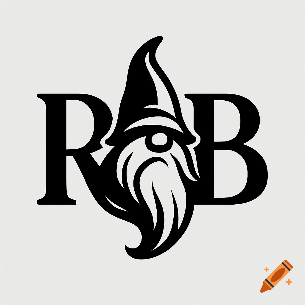Black and white logo of a gnome's face with a tall hat and beard, integrating the letters R and B.