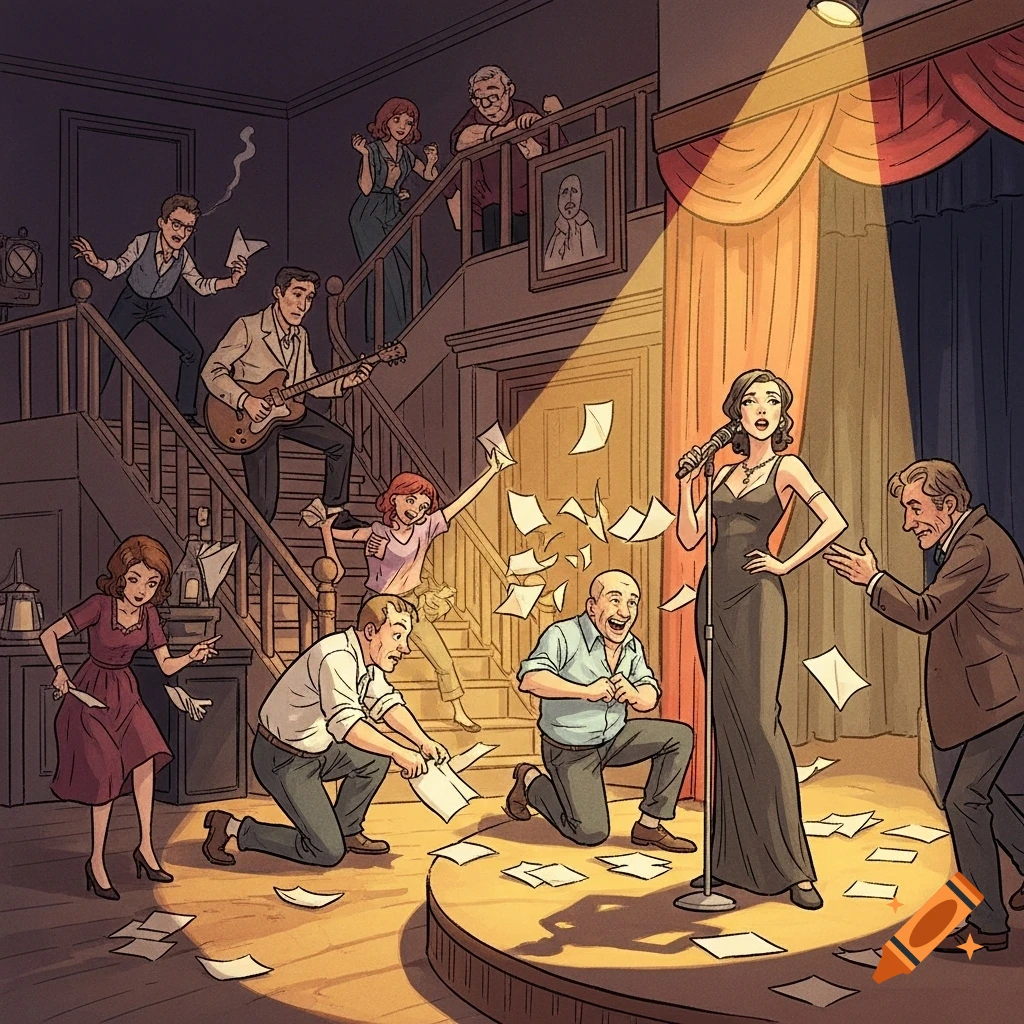 An animated illustration of a woman singing on stage with a spotlight, surrounded by papers, while various people in a multi-level house react to the chaos.