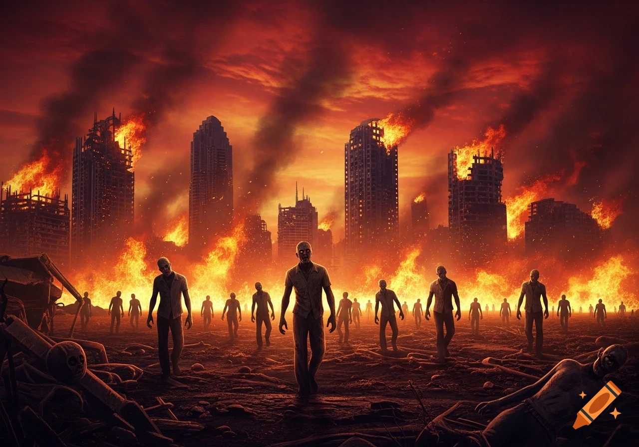 Zombies walk through a destroyed city engulfed in flames under a fiery red sky, depicting a post-apocalyptic scene.