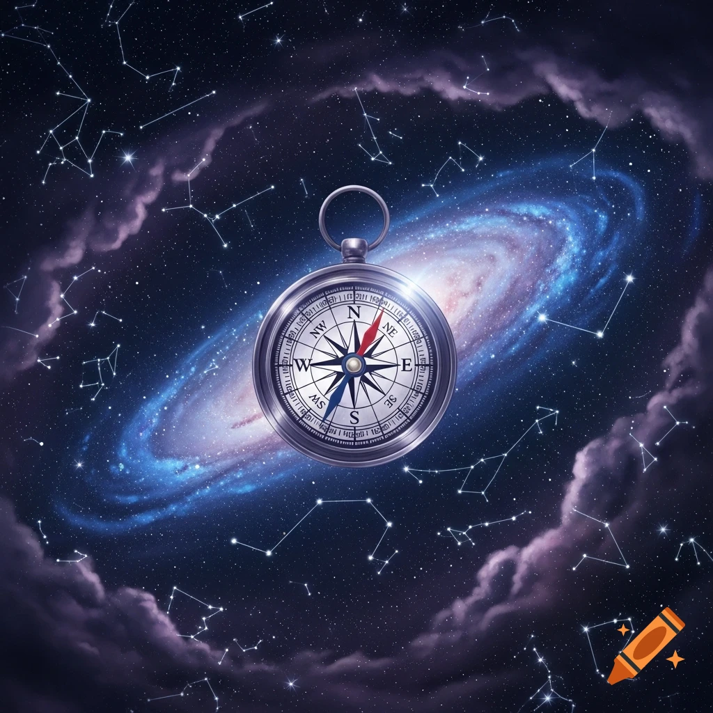 A detailed compass with a red needle pointing north, set against a vibrant spiral galaxy and scattered constellations in deep space.